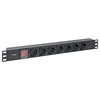 Фото блок розеток pdu teracom pro 19" 1u 10а/250в 7 розеток schuko с выключателем без шнура питания входной разъем c14 корпус алюминий черный