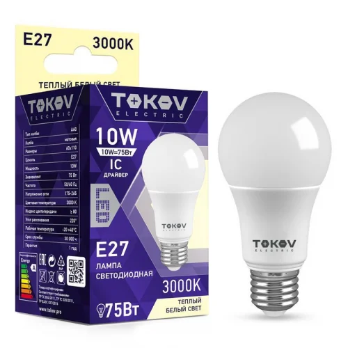 Фото лампа светодиодная 10вт а60 3000к е27 176-264в tokov electric tke-a60-e27-10-3k TOKOV ELECTRIC