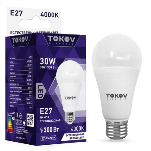 Фото лампа светодиодная 30вт а70 4000к е27 176-264в tokov electric tke-a70-e27-30-4k TOKOV ELECTRIC