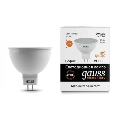 Фото лампа светодиодная elementary mr16 gu5.3 9вт 3000к gauss 13519 GAUSS(группа VARTON)