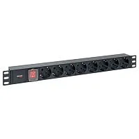 Фото блок розеток pdu teracom pro 19" 1u 10а/250в 8 розеток schuko с выключателем без шнура питания входной разъем c14 корпус алюминий черный