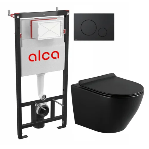 Фото комплект 4 в 1 инсталляция + кнопка смыва черная матовая + унитаз подвесной сиденье дюропласт микролифт circulo black rimless selena/alcaplast c001nm/m678 Selena/Alcaplast