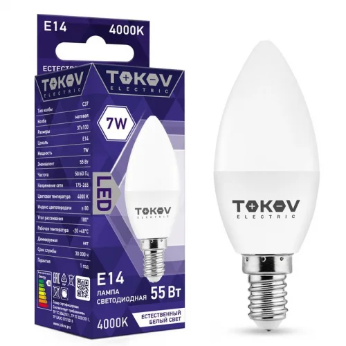 Фото лампа светодиодная 7вт с37 4000к е14 176-264в tokov electric tke-c37-e14-7-4k TOKOV ELECTRIC