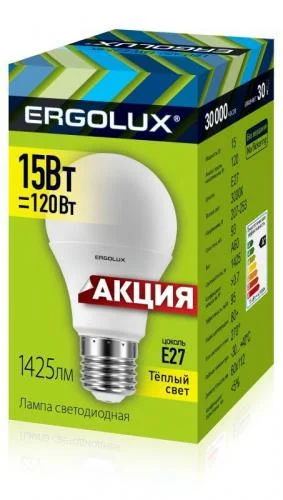 Фото лампа светодиодная led-a60-15w-e27-3k лон 15вт e27 3000к 220-240в промо ergolux 14308 Ergolux