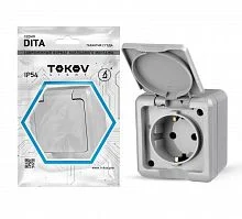 Фото розетка 1-м оп dita 16а ip54 250в с заземл. с крышкой сер. tokov light tkl-dt-r1z-c06-ip54