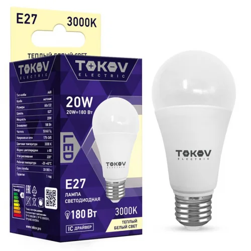 Фото лампа светодиодная 20вт а60 3000к е27 176-264в tokov electric tke-a60-e27-20-3k TOKOV ELECTRIC