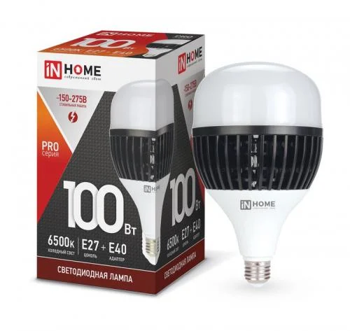 Фото лампа светодиодная led-hp-pro 100вт 230в e27 е40 6500к 9500лм с адаптером e40 in home 4690612035697 IN HOME