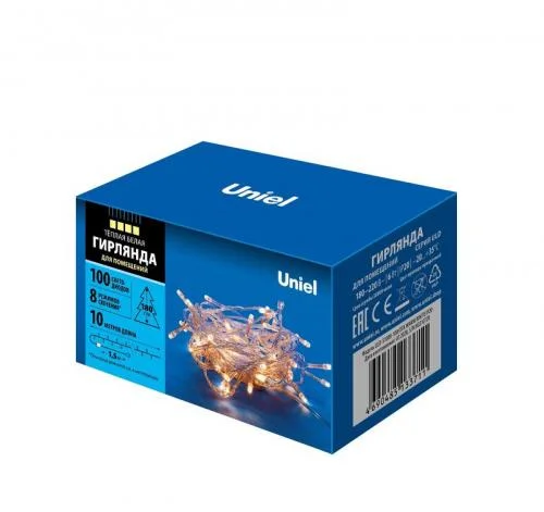 Фото гирлянда led uld-s1000-100/dta warm white ip20 10м 100 диодов тепл. бел. свет провод прозр. uniel ul-00007200 Uniel