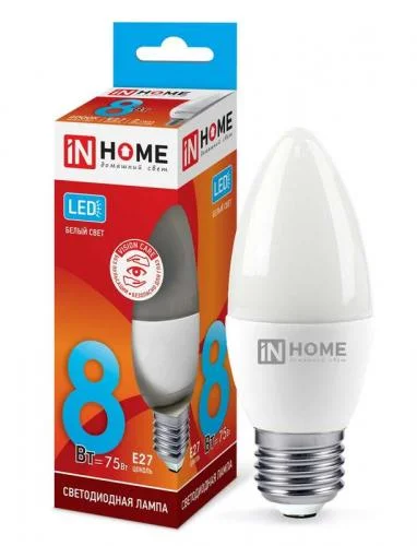 Фото лампа светодиодная led-свеча-vc 8вт 230в e27 4000к 720лм in home 4690612020457 IN HOME