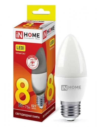 Фото лампа светодиодная led-свеча-vc 8вт 230в e27 3000к 720лм in home 4690612020440 IN HOME
