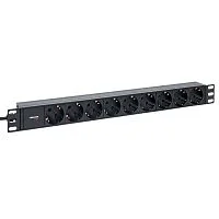 Фото блок розеток pdu teracom pro 19" 1u 10а/250в 9 розеток schuko шнур питания длиной 2 метра сечение 3x1,5 мм2 вилка c14 корпус алюминий черный