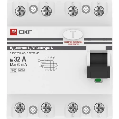 Фото выключатель дифференциального тока (узо) 4п 32а 30ма тип a вд-100 (электромех.) proxima ekf elcb-4-32-30-em-a-pro EKF