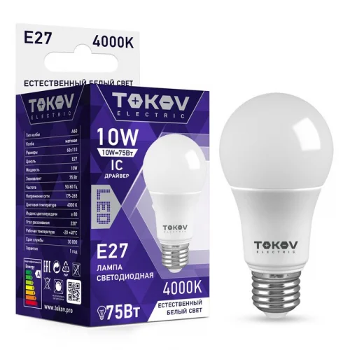 Фото лампа светодиодная 10вт а60 4000к е27 176-264в tokov electric tke-a60-e27-10-4k TOKOV ELECTRIC