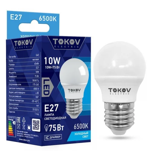 Фото лампа светодиодная 10вт g45 6500к е27 176-264в tokov electric tke-g45-e27-10-6.5k TOKOV ELECTRIC
