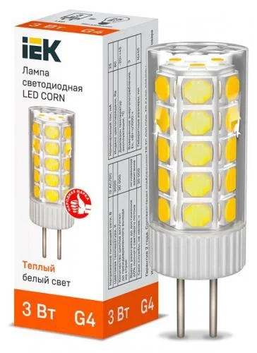 Фото лампа светодиодная corn 3вт капсула 3000к g4 12в керамика iek lle-corn-3-012-30-g4 IEK