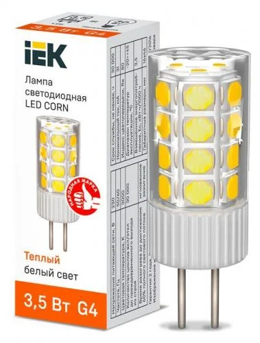 Фото лампа светодиодная corn 3.5вт капсула 3000к g4 230в керамика iek lle-corn-4-230-30-g4 IEK