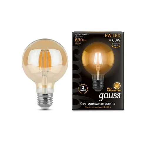 Фото лампа светодиодная black filament шар e27 6вт 2400к loft gauss 105802006 GAUSS