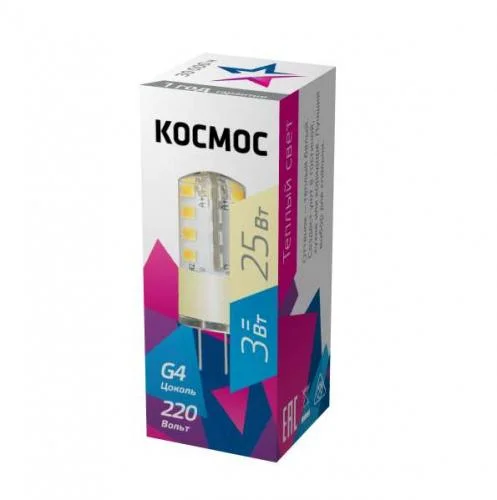 Фото лампа светодиодная 3вт 220в g4 3000к космос lksmled3wjcg4220v30 КОСМОС