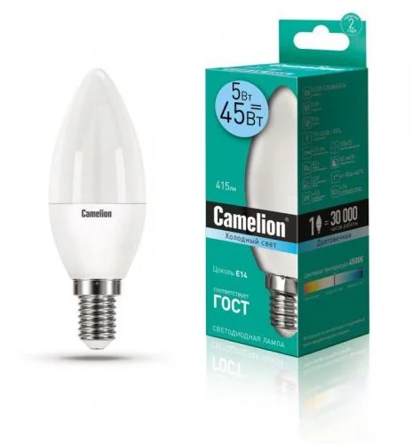 Фото лампа светодиодная led5-c35/845/e14 5вт свеча 4500к бел. e14 405лм 220-240в camelion 12032 Camelion