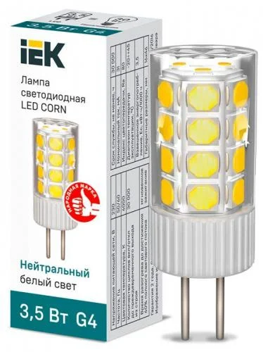 Фото лампа светодиодная corn 3.5вт капсульная 4000к нейтр. бел. g4 230в керамика iek lle-corn-4-230-40-g4 IEK