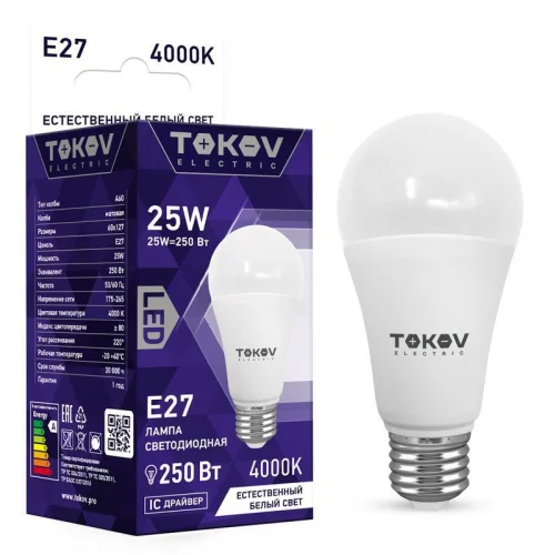 Фото лампа светодиодная 25вт а60 4000к е27 176-264в tokov electric tke-a60-e27-25-4k TOKOV ELECTRIC