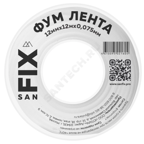 Фото лента фум ptfe 12ммх0,075ммх12м катушка цвет: белый среда: вода sanfix 41214 SANFIX